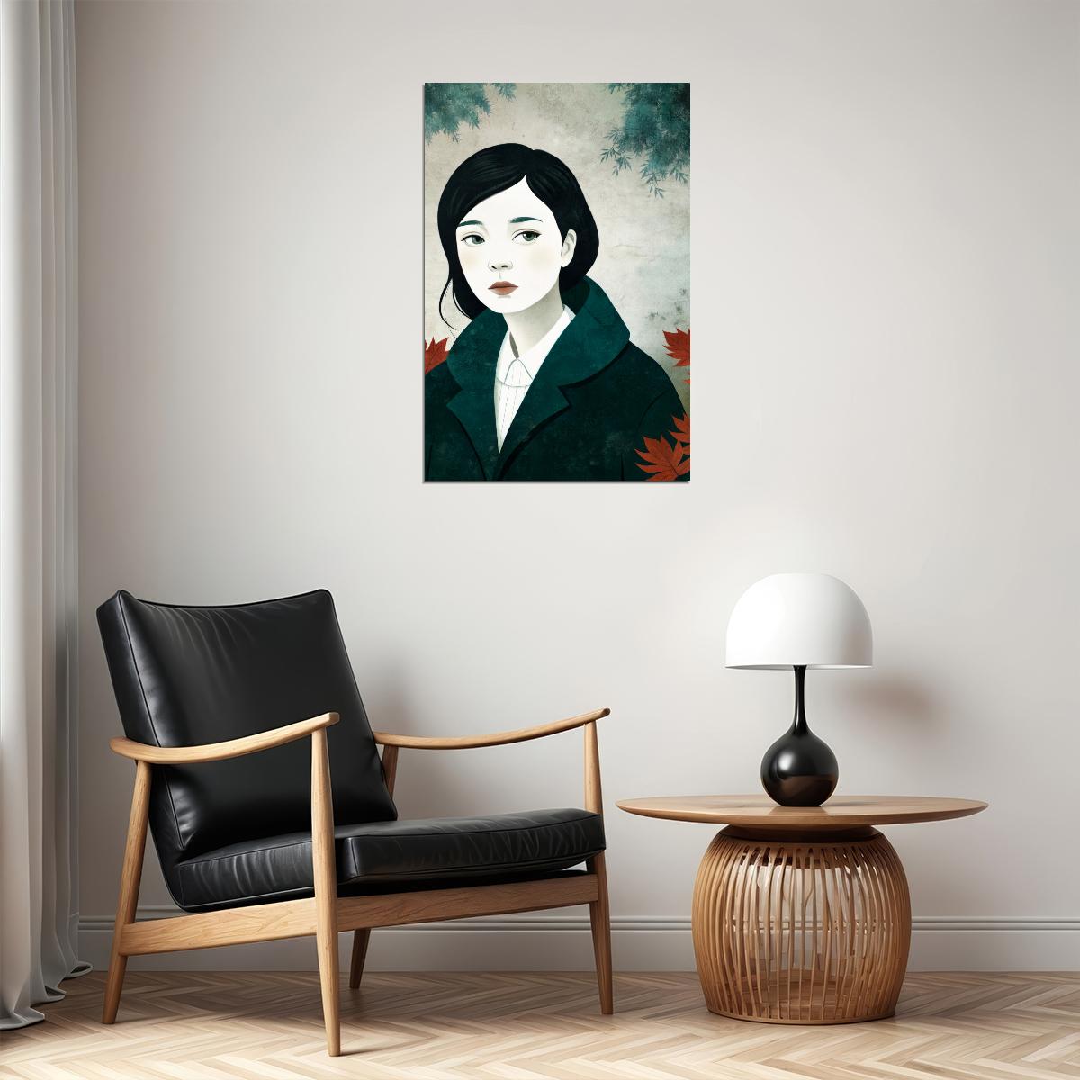 Girl And Leaves Poster Fall Boho Print Modern Wall Art Rustic Trendy Forest Aesthetic - xonomax