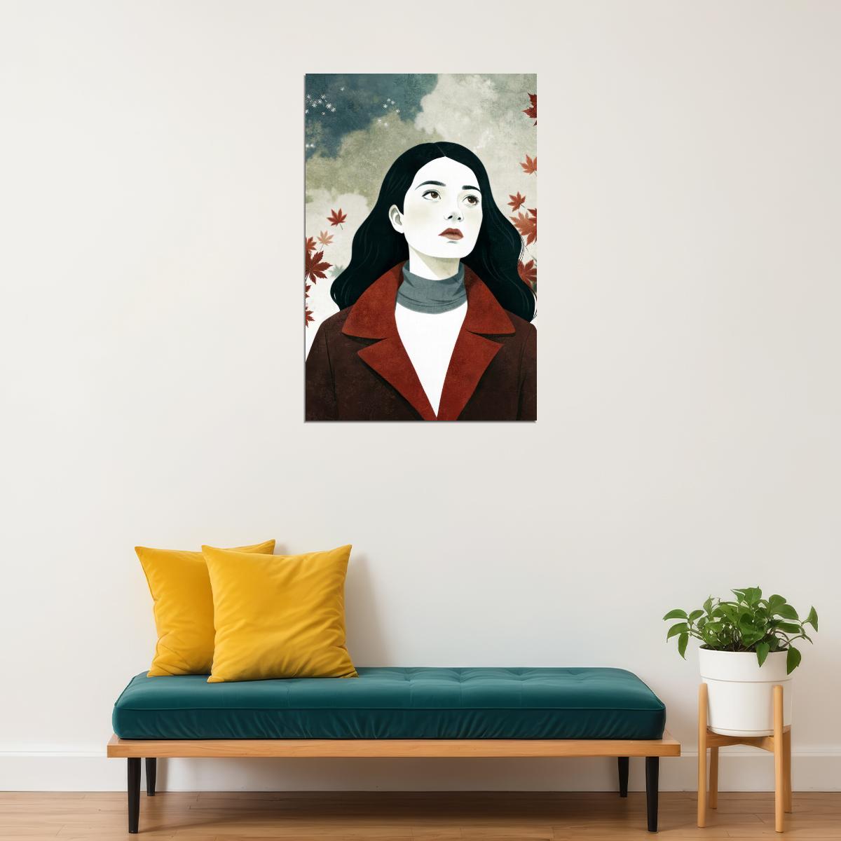 Girl And Falling Leaves Poster Minimalist Fall Print Boho Autumn Wall Art Rustic Forest Aesthetic - xonomax