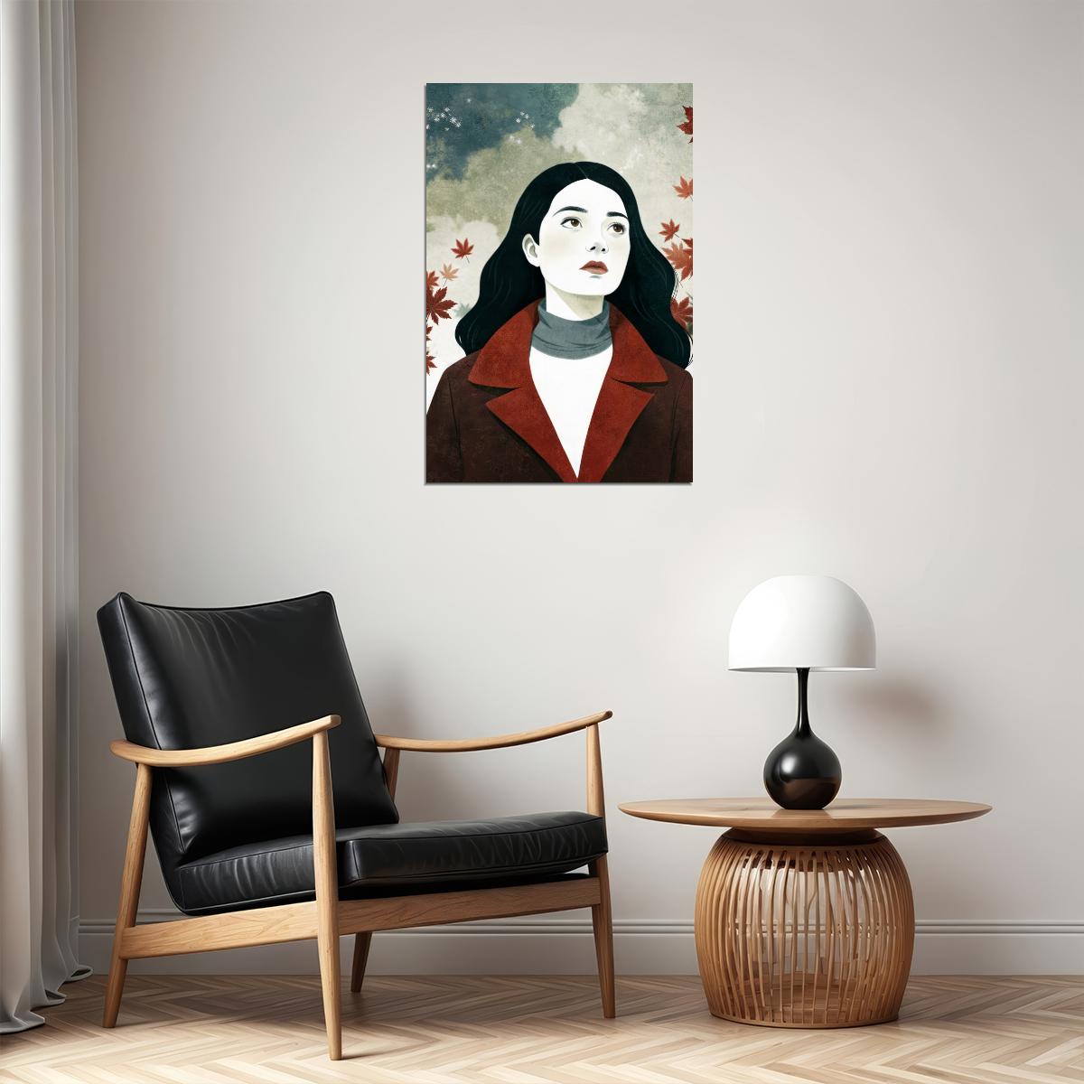 Girl And Falling Leaves Poster Minimalist Fall Print Boho Autumn Wall Art Rustic Forest Aesthetic - xonomax