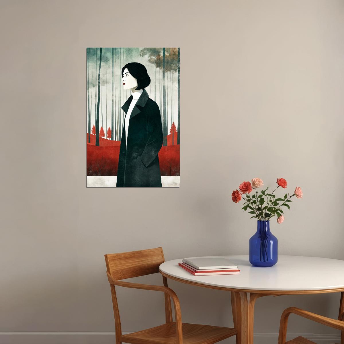 Girl In Forest Poster Minimalist Fall Print Boho Rustic Wall Art Trendy Farmhouse Aesthetic - xonomax