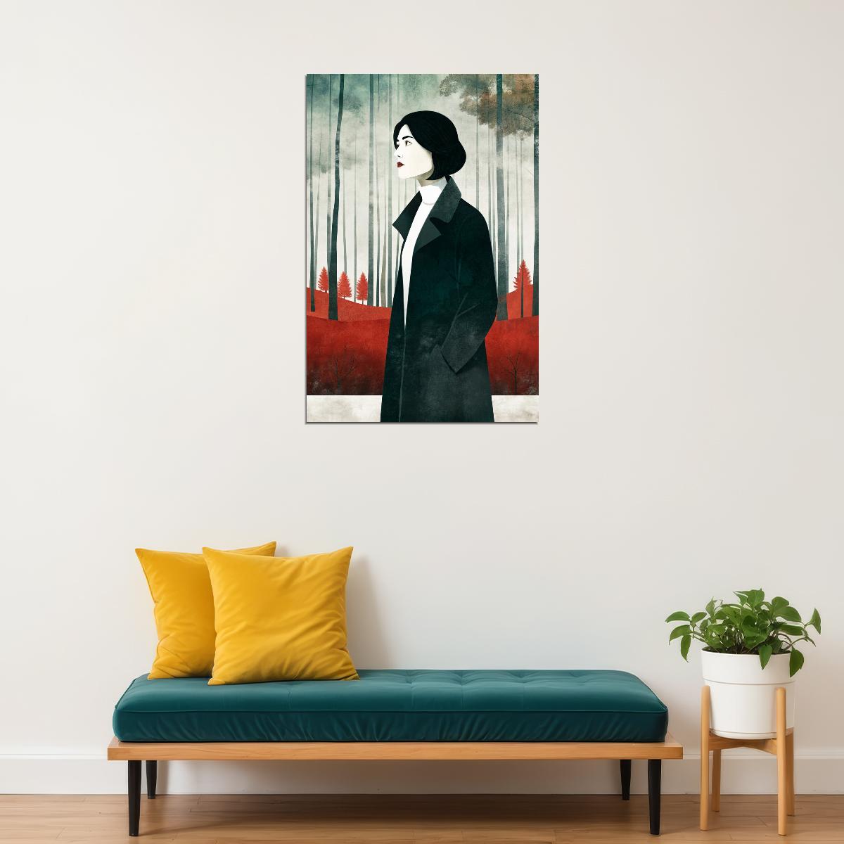 Girl In Forest Poster Minimalist Fall Print Boho Rustic Wall Art Trendy Farmhouse Aesthetic - xonomax