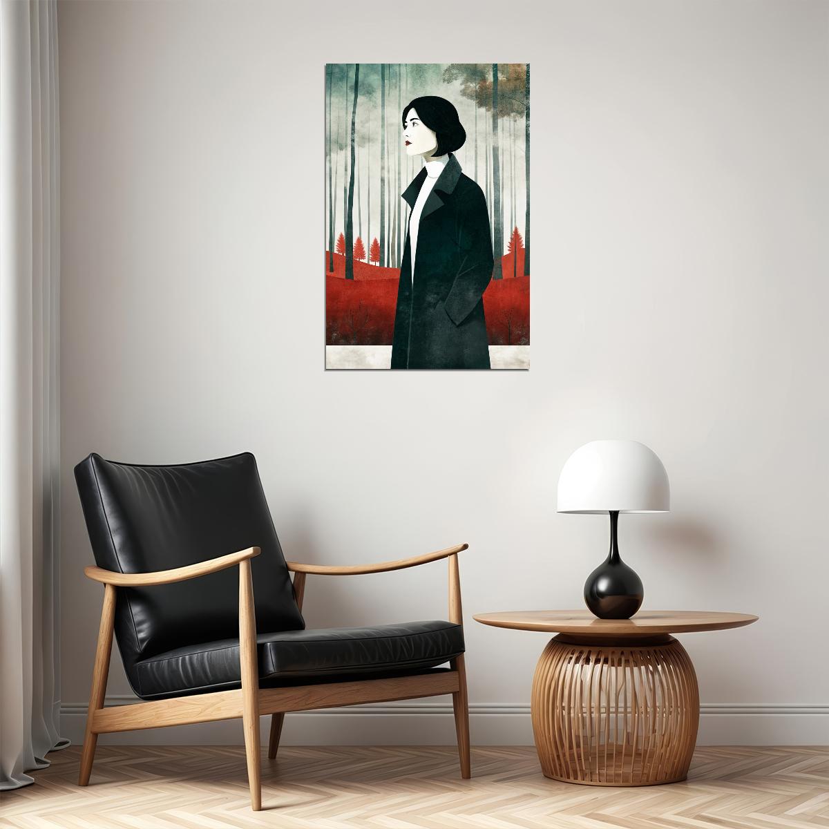 Girl In Forest Poster Minimalist Fall Print Boho Rustic Wall Art Trendy Farmhouse Aesthetic - xonomax