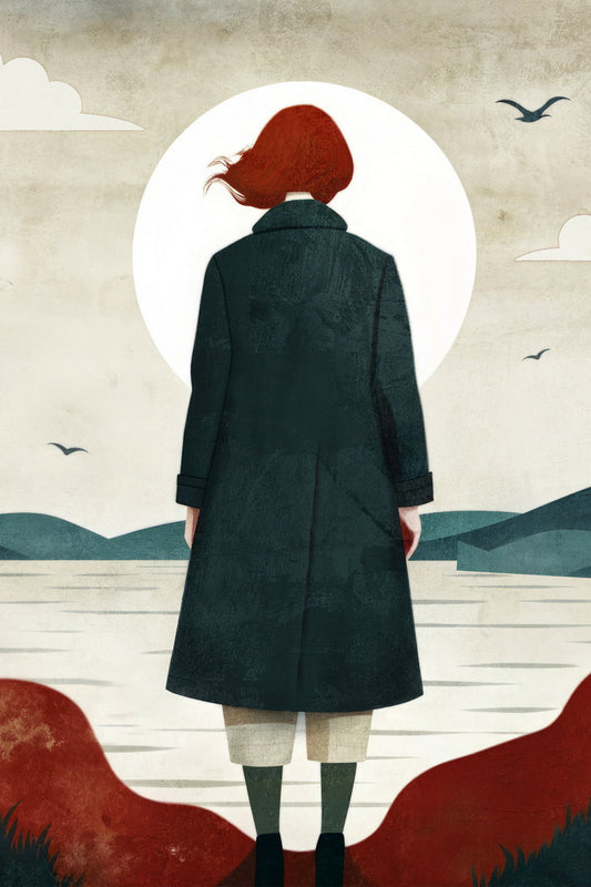 Girl By Sea Poster Red Fall Boho Print Autumn Sunset Modern Wall Art Rustic Coastal Aesthetic - xonomax