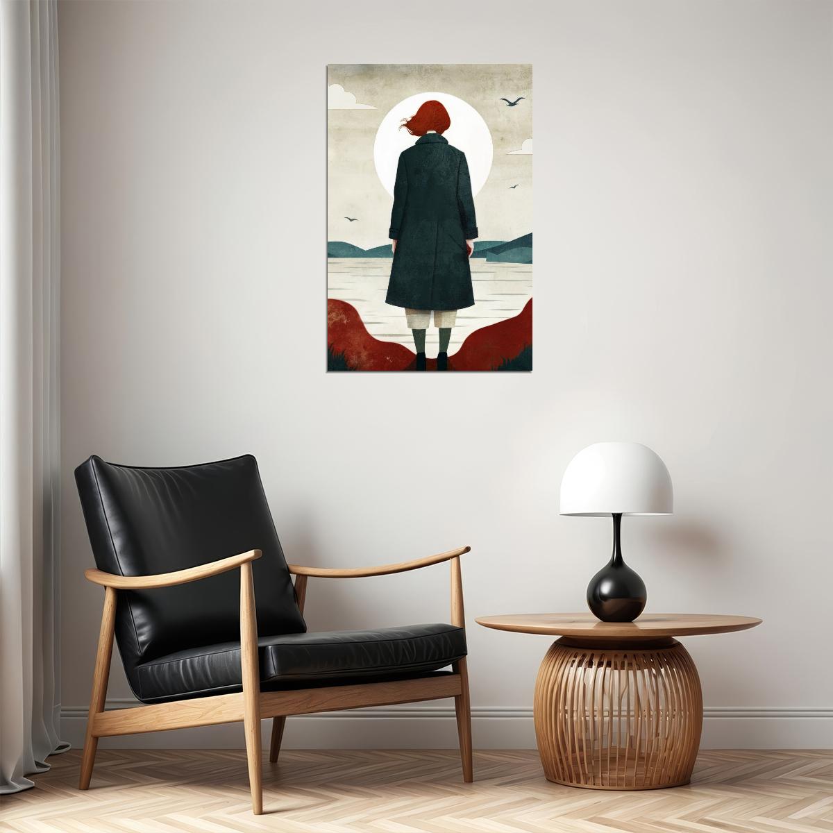 Girl By Sea Poster Red Fall Boho Print Autumn Sunset Modern Wall Art Rustic Coastal Aesthetic - xonomax