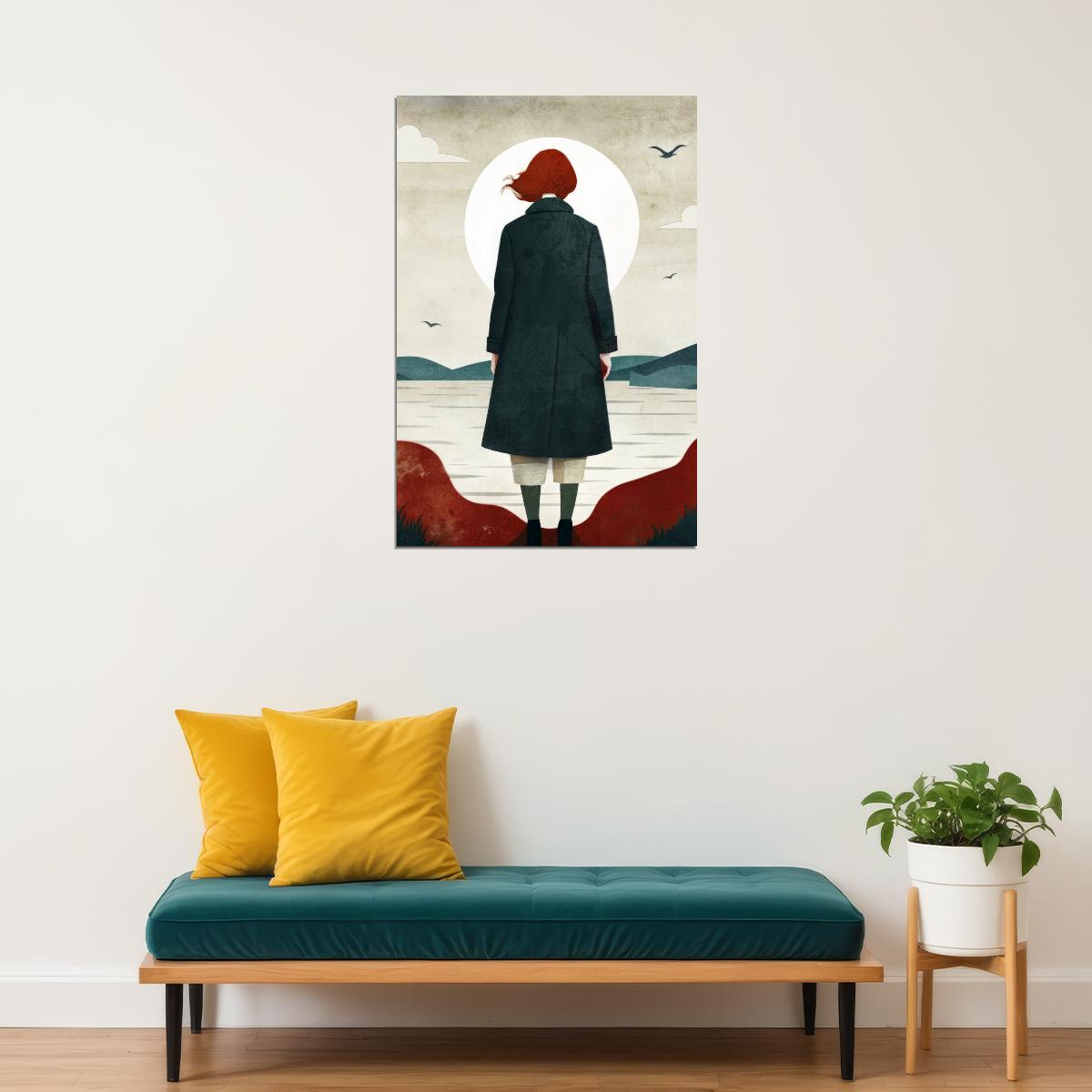 Girl By Sea Poster Red Fall Boho Print Autumn Sunset Modern Wall Art Rustic Coastal Aesthetic - xonomax
