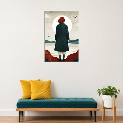 Girl By Sea Poster Red Fall Boho Print Autumn Sunset Modern Wall Art Rustic Coastal Aesthetic - xonomax