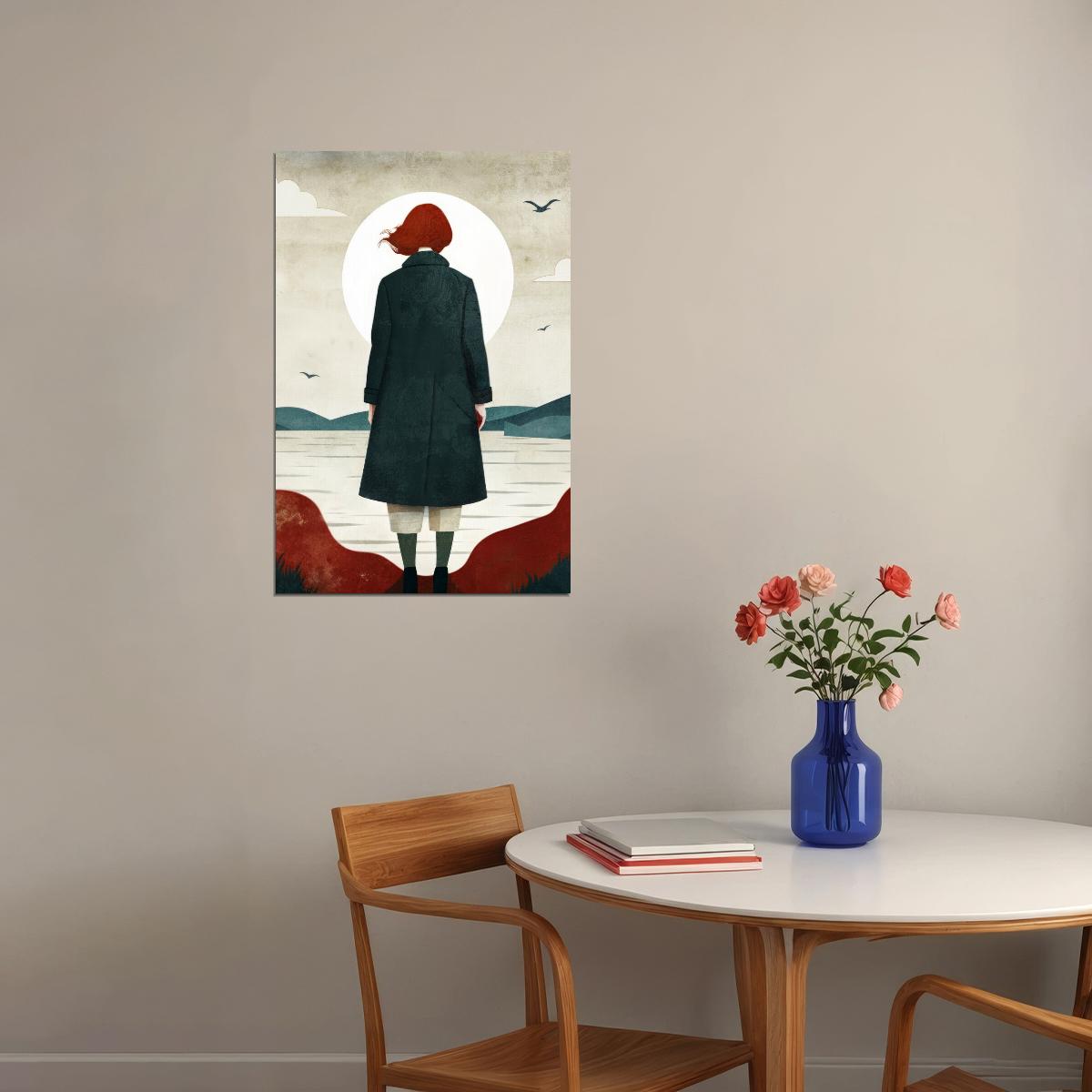 Girl By Sea Poster Red Fall Boho Print Autumn Sunset Modern Wall Art Rustic Coastal Aesthetic - xonomax