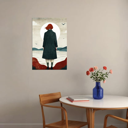 Girl By Sea Poster Red Fall Boho Print Autumn Sunset Modern Wall Art Rustic Coastal Aesthetic - xonomax