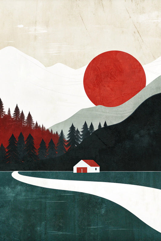 Red Sun Landscape Poster Minimalist Nature Boho Print Modern Fall Wall Art Trendy Aesthetic - xonomax