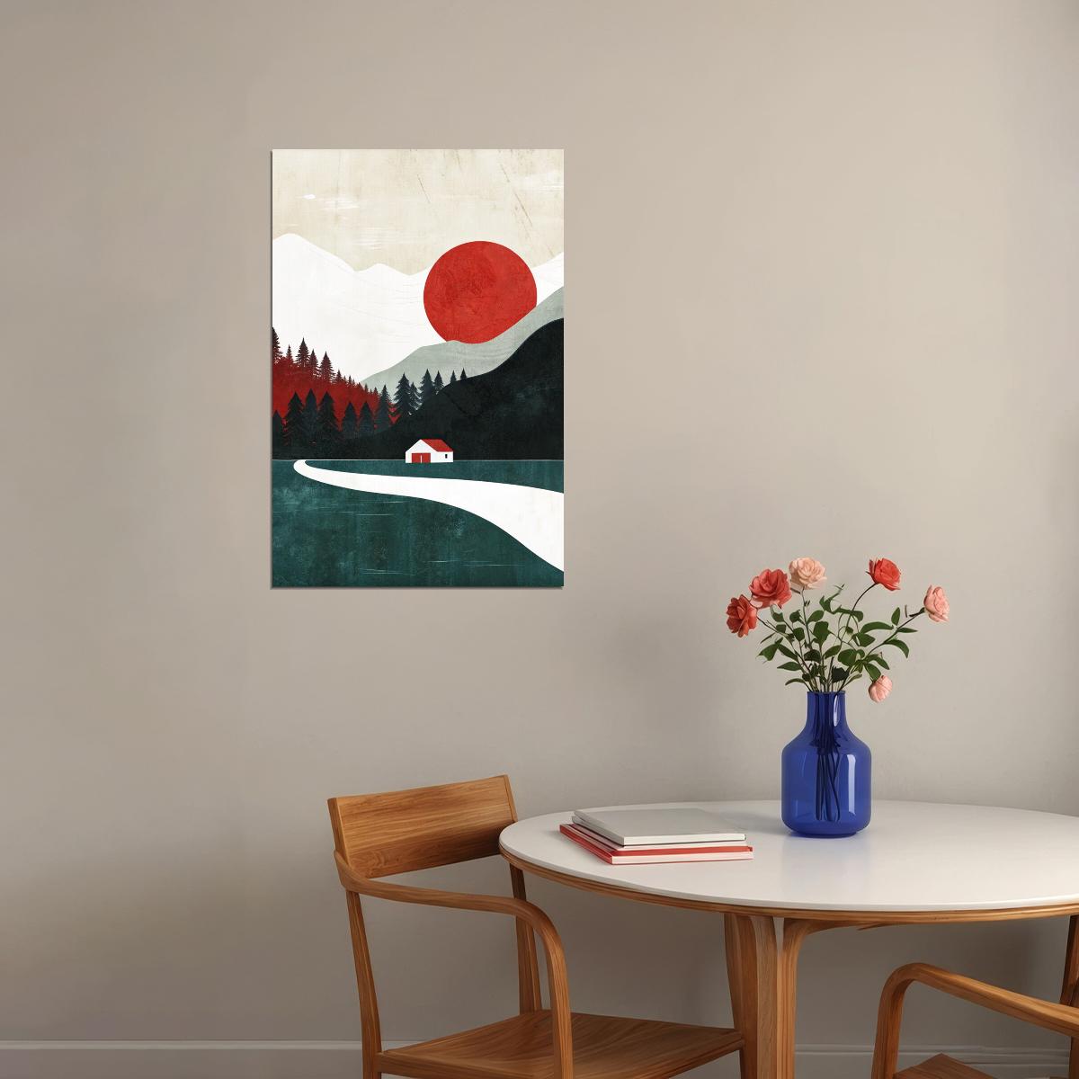 Red Sun Landscape Poster Minimalist Nature Boho Print Modern Fall Wall Art Trendy Aesthetic - xonomax