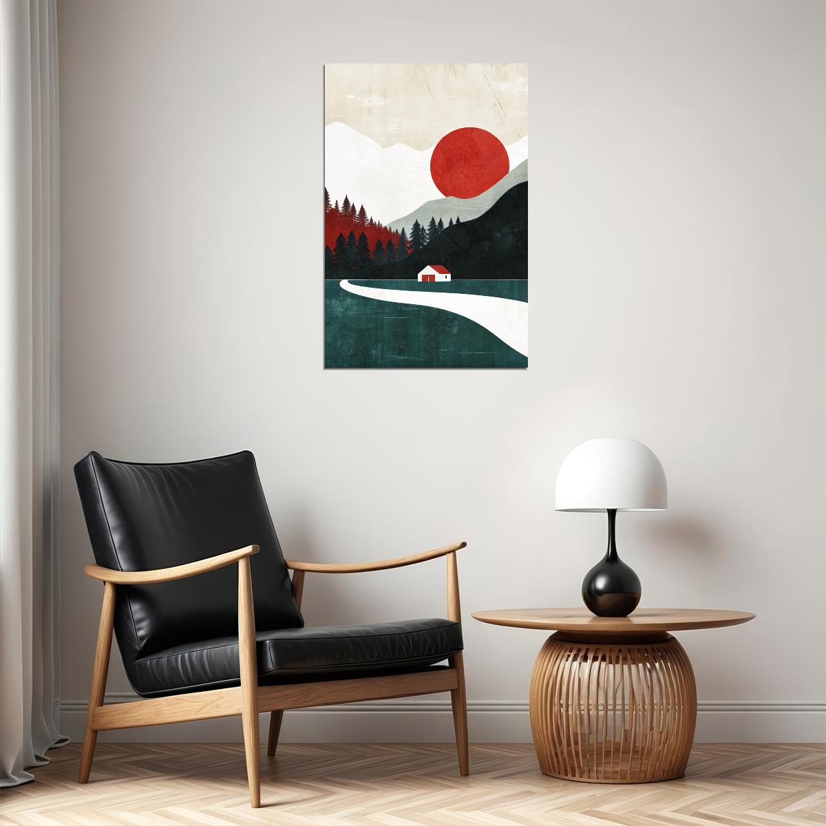 Red Sun Landscape Poster Minimalist Nature Boho Print Modern Fall Wall Art Trendy Aesthetic - xonomax