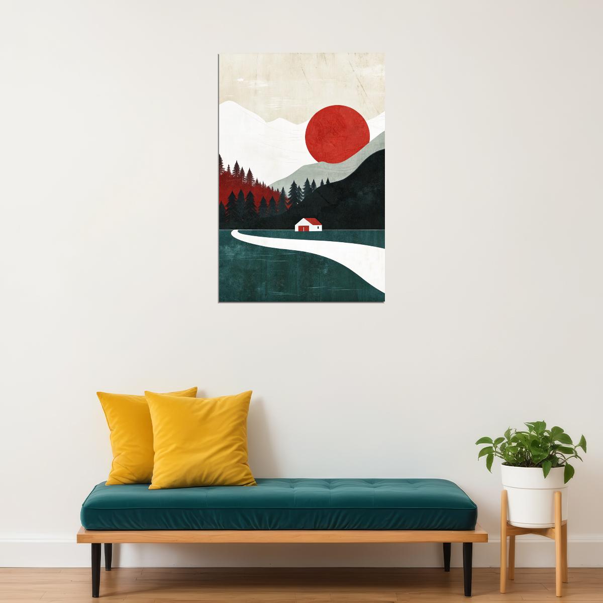 Red Sun Landscape Poster Minimalist Nature Boho Print Modern Fall Wall Art Trendy Aesthetic - xonomax