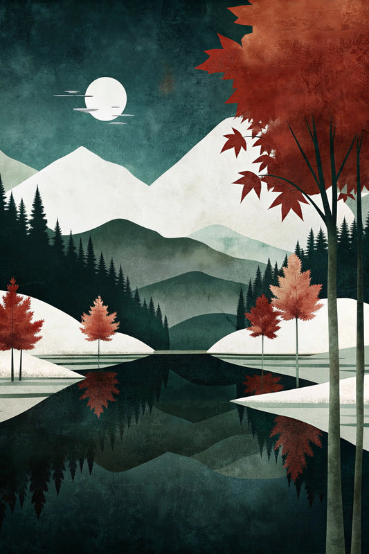 Mountain Landscape And Moon Poster Minimalist Nature Boho Print Trendy Fall Aesthetic - xonomax