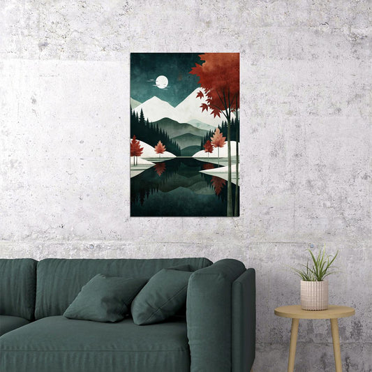 Mountain Landscape And Moon Poster Minimalist Nature Boho Print Trendy Fall Aesthetic - xonomax