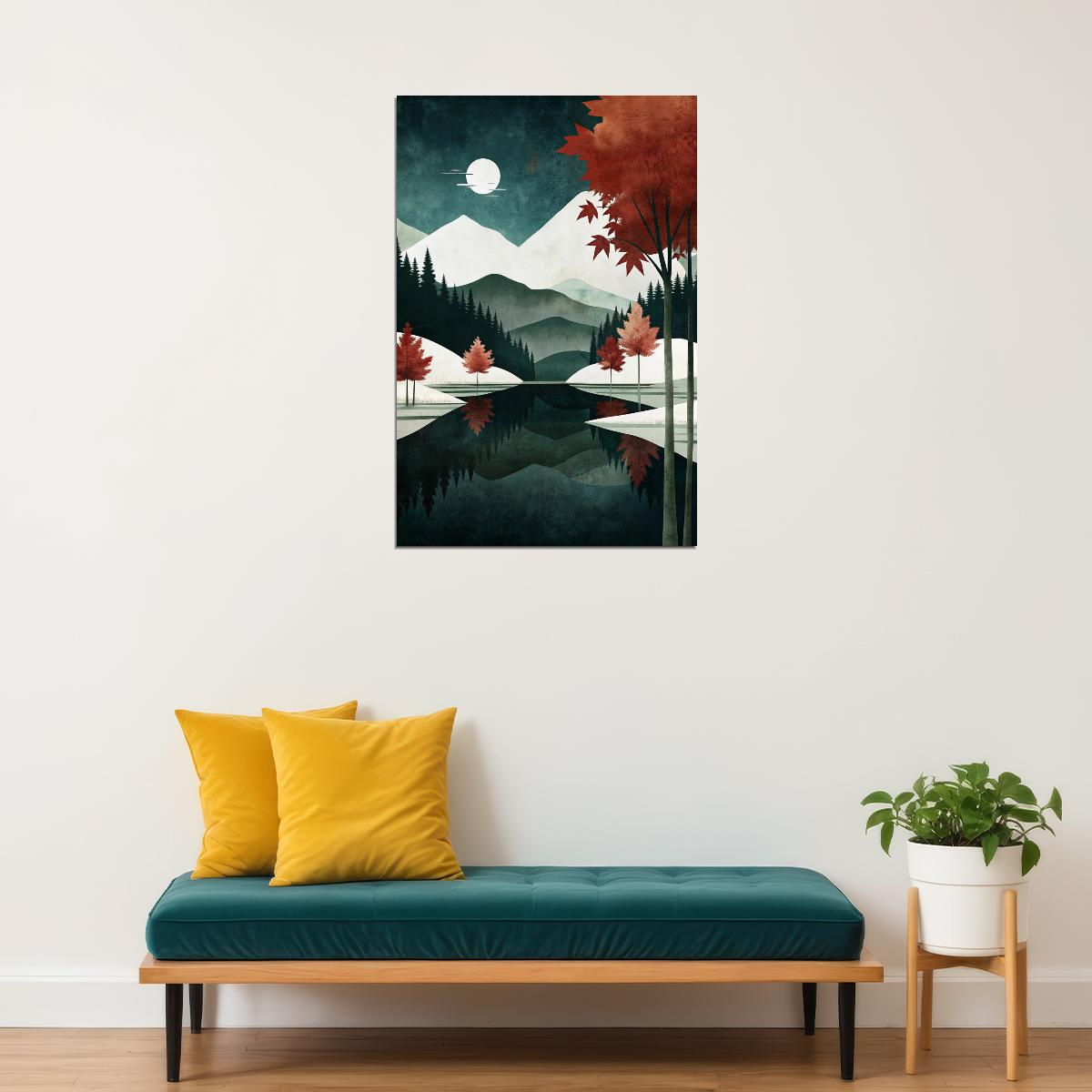 Mountain Landscape And Moon Poster Minimalist Nature Boho Print Trendy Fall Aesthetic - xonomax