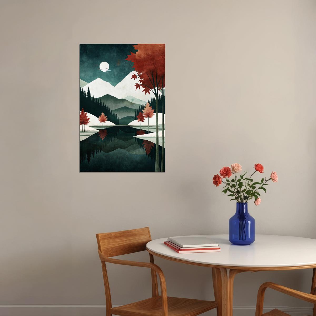 Mountain Landscape And Moon Poster Minimalist Nature Boho Print Trendy Fall Aesthetic - xonomax