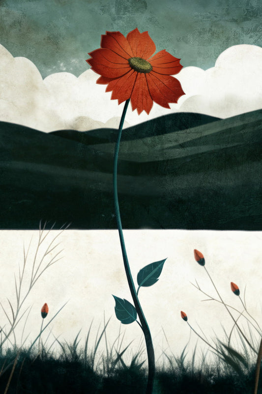 Red Flower In Autumn Field Poster Minimalist Floral Boho Print Nature Fall Wall Art Rustic Aesthetic - xonomax