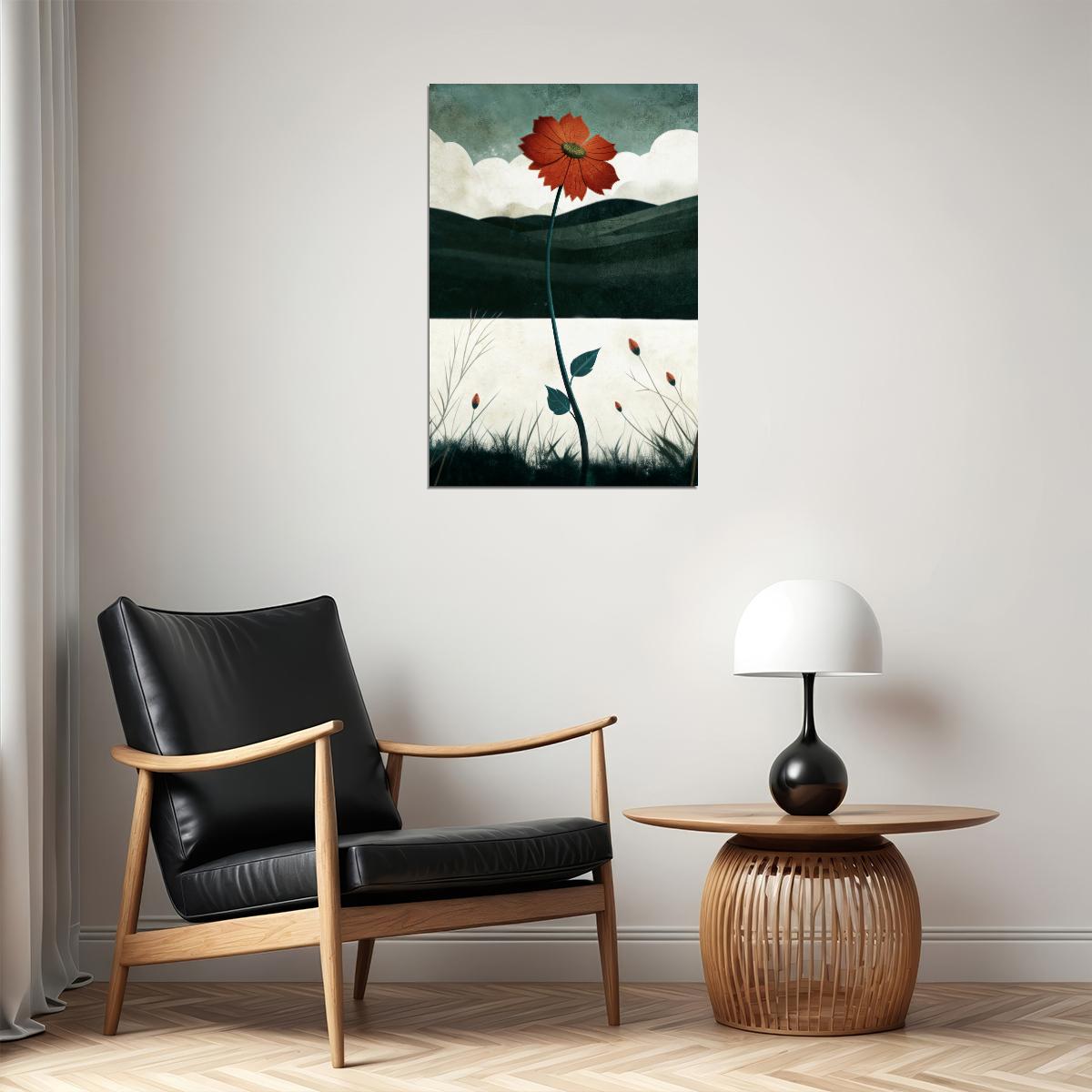 Red Flower In Autumn Field Poster Minimalist Floral Boho Print Nature Fall Wall Art Rustic Aesthetic - xonomax