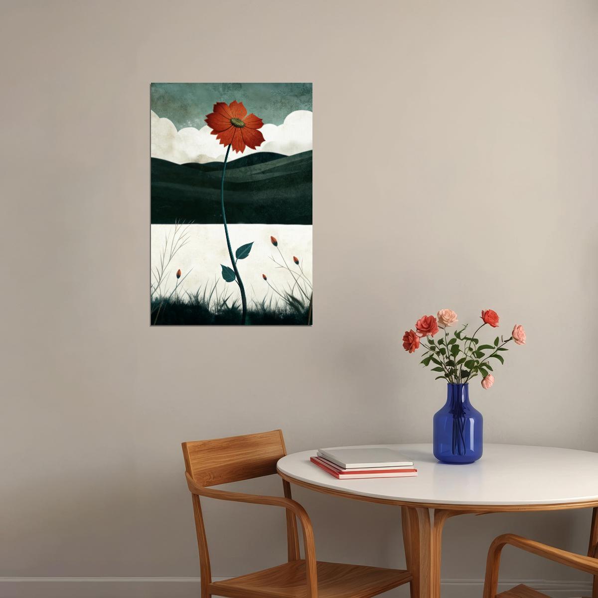 Red Flower In Autumn Field Poster Minimalist Floral Boho Print Nature Fall Wall Art Rustic Aesthetic - xonomax