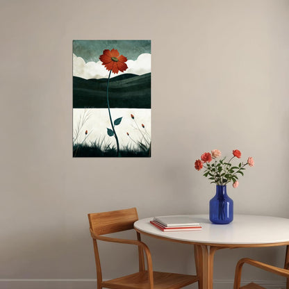 Red Flower In Autumn Field Poster Minimalist Floral Boho Print Nature Fall Wall Art Rustic Aesthetic - xonomax