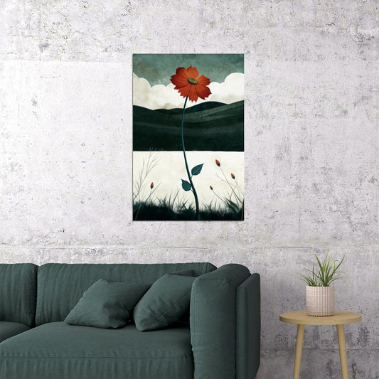 Red Flower In Autumn Field Poster Minimalist Floral Boho Print Nature Fall Wall Art Rustic Aesthetic - xonomax