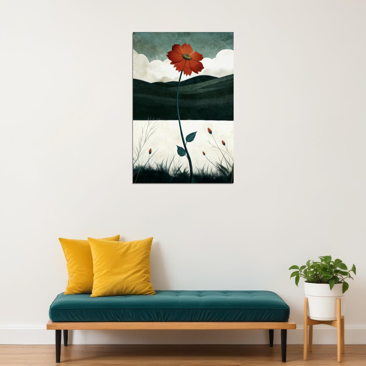 Red Flower In Autumn Field Poster Minimalist Floral Boho Print Nature Fall Wall Art Rustic Aesthetic - xonomax