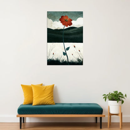 Red Flower In Autumn Field Poster Minimalist Floral Boho Print Nature Fall Wall Art Rustic Aesthetic - xonomax