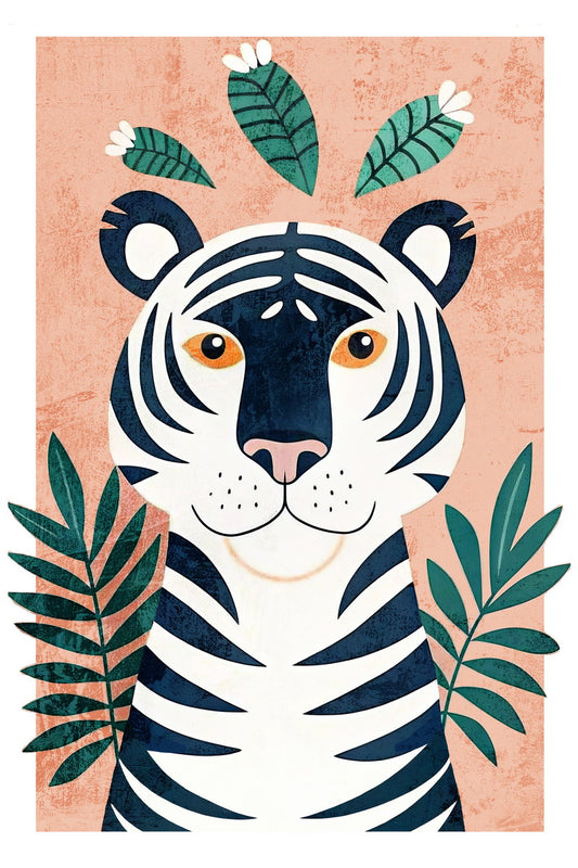 Cute Tiger Kids Poster Print Boho Nursery Wall Art Colorful Safari Jungle Animal Decor Orange Green Gift for Kids Room