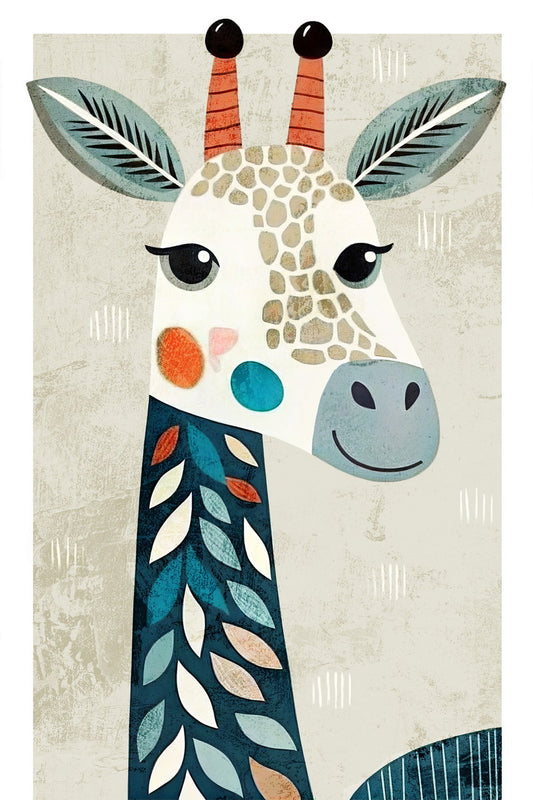 Giraffe Kids Poster Print Boho Nursery Wall Art Cute Colorful Safari Animal Decor Blue Beige Adorable Gift for Toddlers