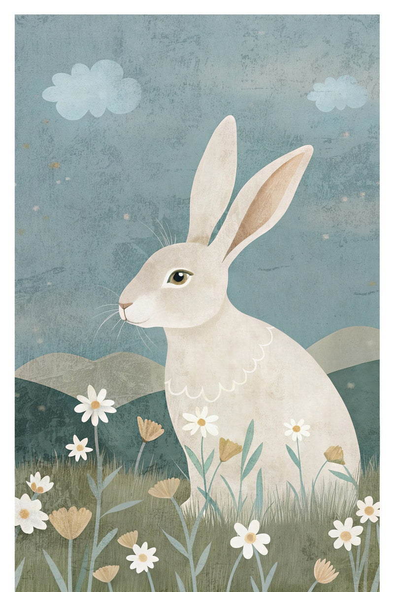 Rabbit Kids Poster Print Boho Nursery Wall Art Gentle Woodland Animal Soft Blue Beige Cute Decor for Baby Room