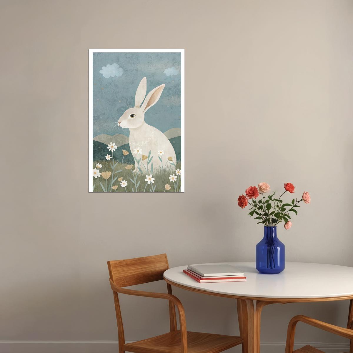 Rabbit Kids Poster Print Boho Nursery Wall Art Gentle Woodland Animal Soft Blue Beige Cute Decor for Baby Room