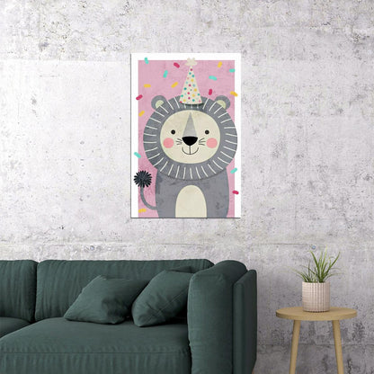 Party Lion Kids Poster Print Boho Nursery Wall Art Cute Celebration Theme Confetti Pastel Colors Gift for Kids Room