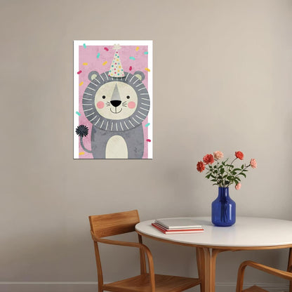 Party Lion Kids Poster Print Boho Nursery Wall Art Cute Celebration Theme Confetti Pastel Colors Gift for Kids Room