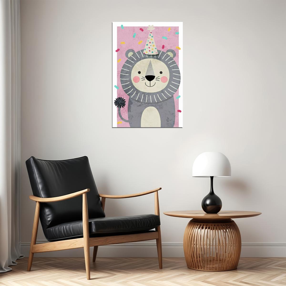 Party Lion Kids Poster Print Boho Nursery Wall Art Cute Celebration Theme Confetti Pastel Colors Gift for Kids Room