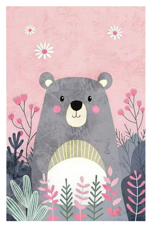 Bear Kids Poster Print Boho Nursery Wall Art Cute Pink Forest Animal Decor Colorful Gift for Baby Toddler Rooms