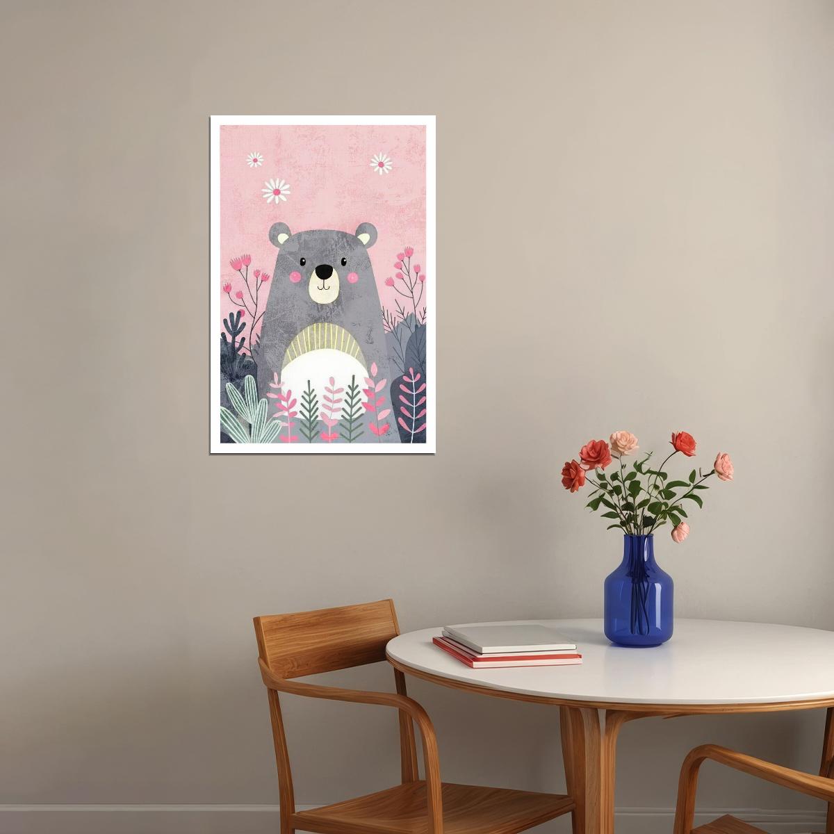 Bear Kids Poster Print Boho Nursery Wall Art Cute Pink Forest Animal Decor Colorful Gift for Baby Toddler Rooms - xonomax