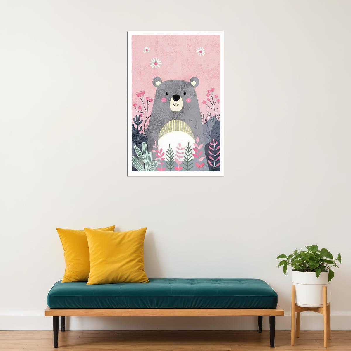 Bear Kids Poster Print Boho Nursery Wall Art Cute Pink Forest Animal Decor Colorful Gift for Baby Toddler Rooms - xonomax