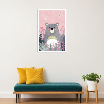 Bear Kids Poster Print Boho Nursery Wall Art Cute Pink Forest Animal Decor Colorful Gift for Baby Toddler Rooms - xonomax