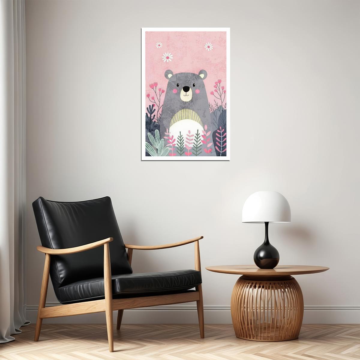 Bear Kids Poster Print Boho Nursery Wall Art Cute Pink Forest Animal Decor Colorful Gift for Baby Toddler Rooms - xonomax