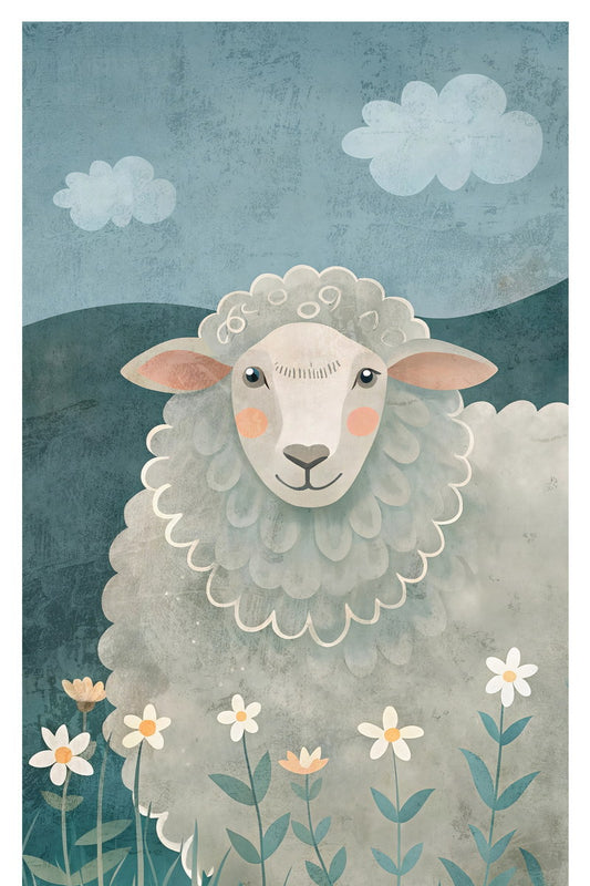 Sheep Kids Poster Print Boho Nursery Wall Art Gentle Farm Animal Blue Beige Cute Calm Decor for Kids Room