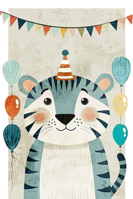 Birthday Tiger Kids Poster Print Boho Nursery Wall Art Colorful Celebration Decor Balloons Beige Orange Cute Gift for Kids