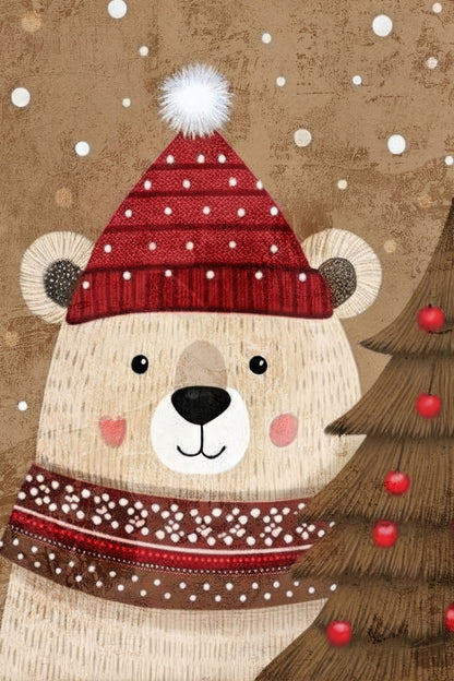 Cute Polar Bear Kids Poster Christmas Winter Nursery Wall Art Cozy Festive Decor with Red Hat Adorable Holiday Gift for Kids Room - xonomax