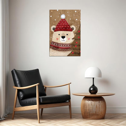 Cute Polar Bear Kids Poster Christmas Winter Nursery Wall Art Cozy Festive Decor with Red Hat Adorable Holiday Gift for Kids Room - xonomax