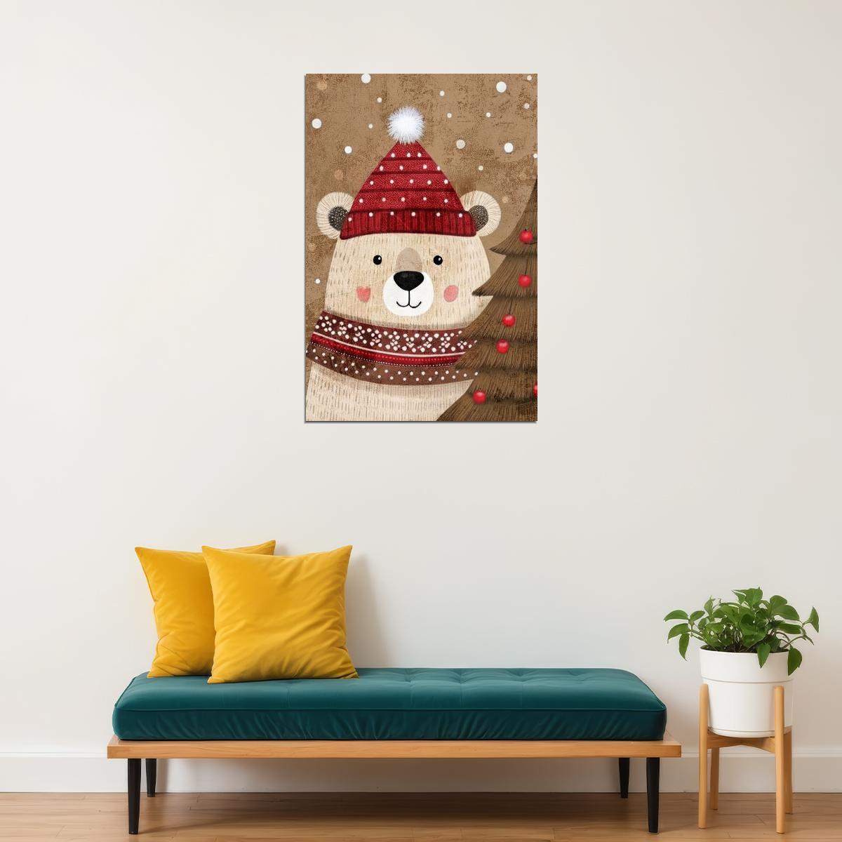 Cute Polar Bear Kids Poster Christmas Winter Nursery Wall Art Cozy Festive Decor with Red Hat Adorable Holiday Gift for Kids Room - xonomax