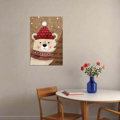 Cute Polar Bear Kids Poster Christmas Winter Nursery Wall Art Cozy Festive Decor with Red Hat Adorable Holiday Gift for Kids Room - xonomax