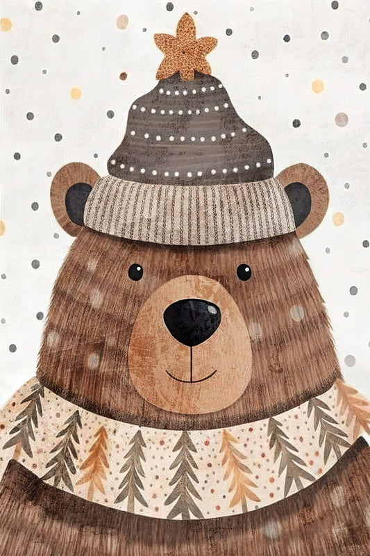 Christmas Brown Bear Kids Poster Winter Nursery Wall Art Warm Festive Holiday Decor with Knitted Hat Perfect Gift for Kids Room - xonomax