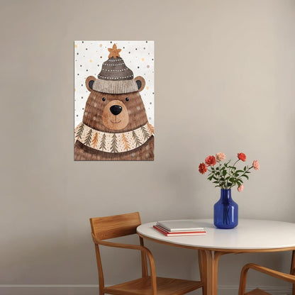 Christmas Brown Bear Kids Poster Winter Nursery Wall Art Warm Festive Holiday Decor with Knitted Hat Perfect Gift for Kids Room - xonomax