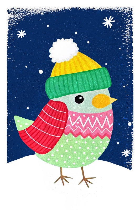 Colorful Bird Kids Poster Christmas Winter Nursery Wall Art Snowy Festive Decor Green and Red Holiday Gift for Kids Room - xonomax