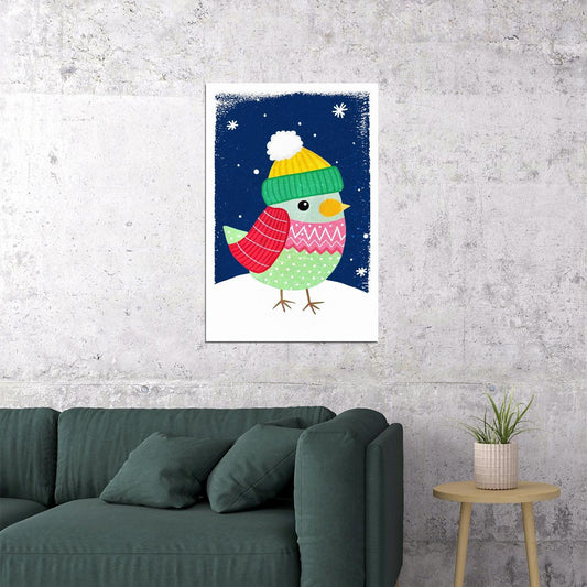 Colorful Bird Kids Poster Christmas Winter Nursery Wall Art Snowy Festive Decor Green and Red Holiday Gift for Kids Room - xonomax