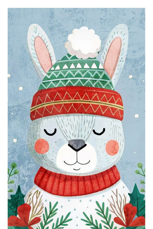 Cute Christmas Bunny Kids Poster Winter Nursery Wall Art Cozy Festive Decor in Red Green Adorable Holiday Gift for Children - xonomax